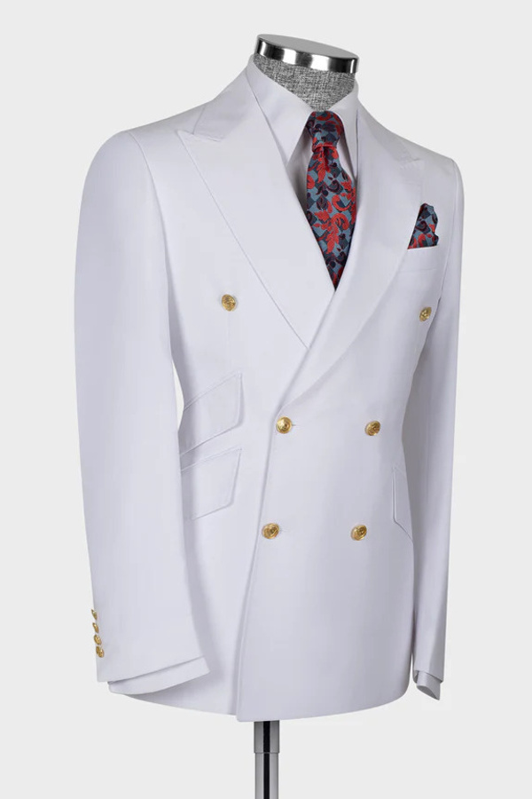 Stylish White Double-Breasted Men's Two-Piece Suit with Three Pockets