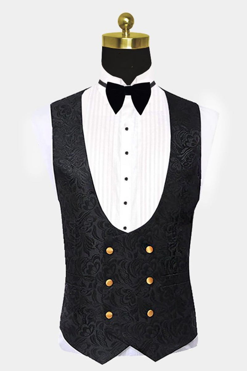Gold Shawl Lapel Black Jacquard Tuxedo Three Piece Men Suit