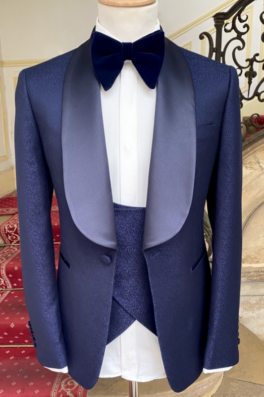 Fancy Navy Jacquard Three-Piece Wedding Suit