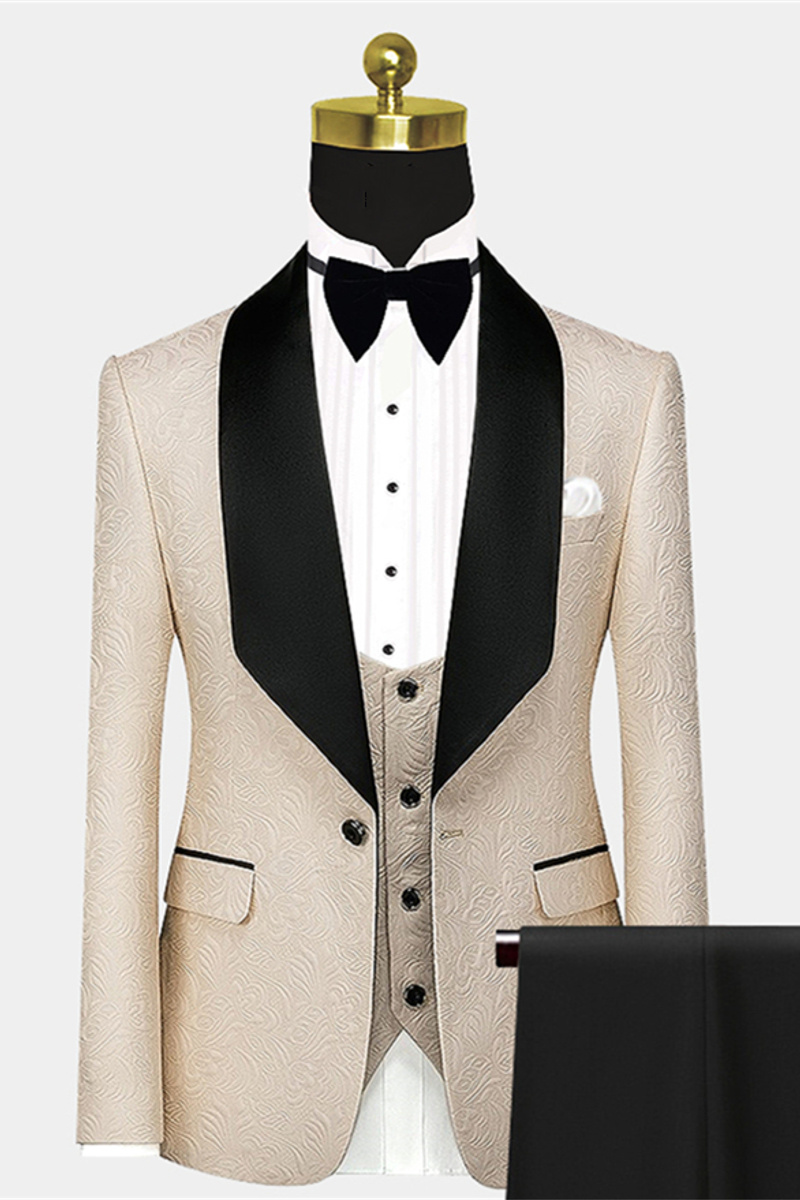 Stylish Light Champagne Prom Suit Black Large Lapel Jacquard Wedding Tuxedo