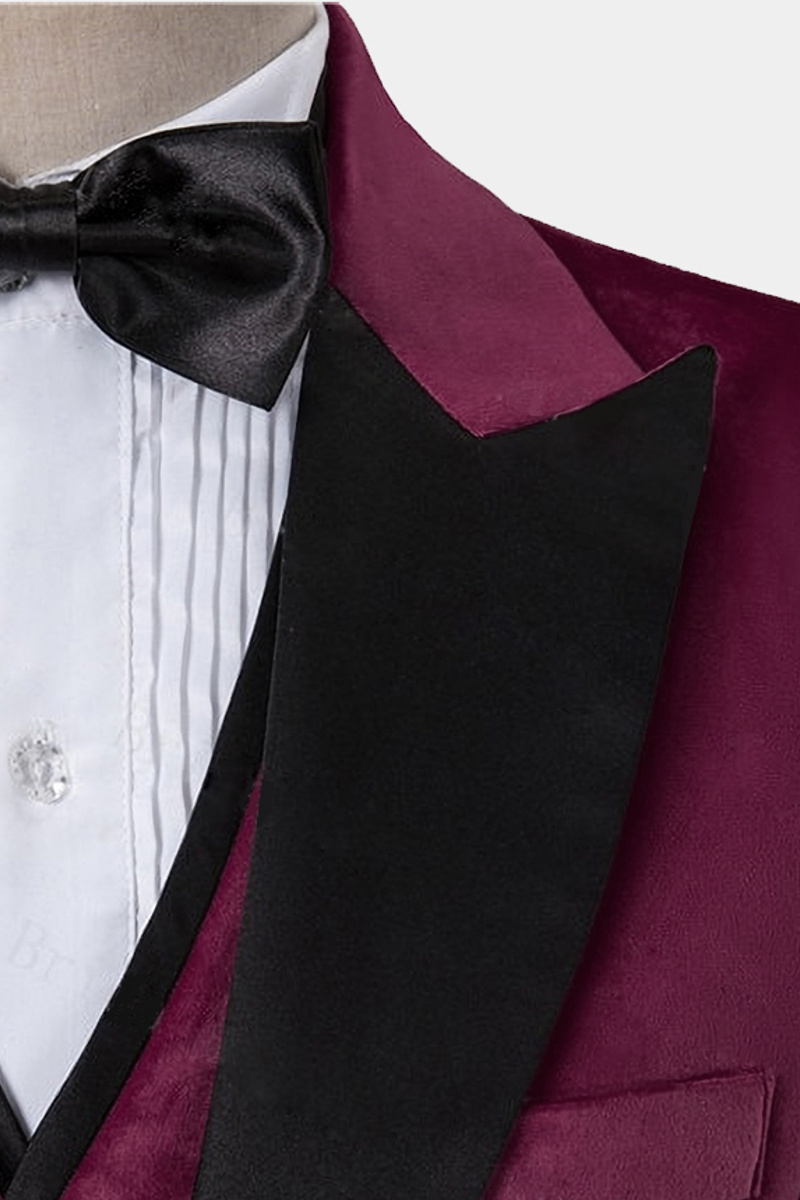 Burgundy Velvet Three-Piece Tuxedo Point Collar Prom Suit