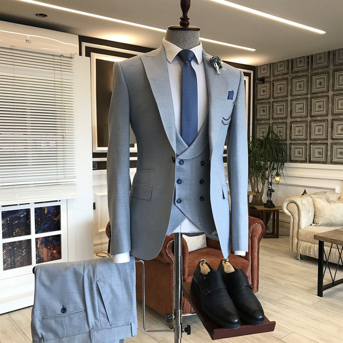 Dick Unique Blue Three Piece Double Breasted Vest Slim Fit Suit