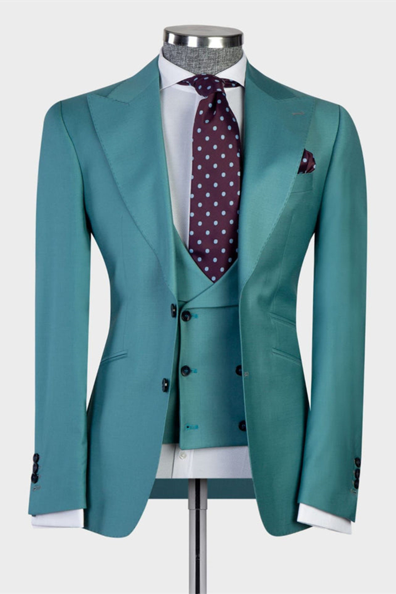 Green Fashion Point Lapel Two-Button Three-Piece Suit