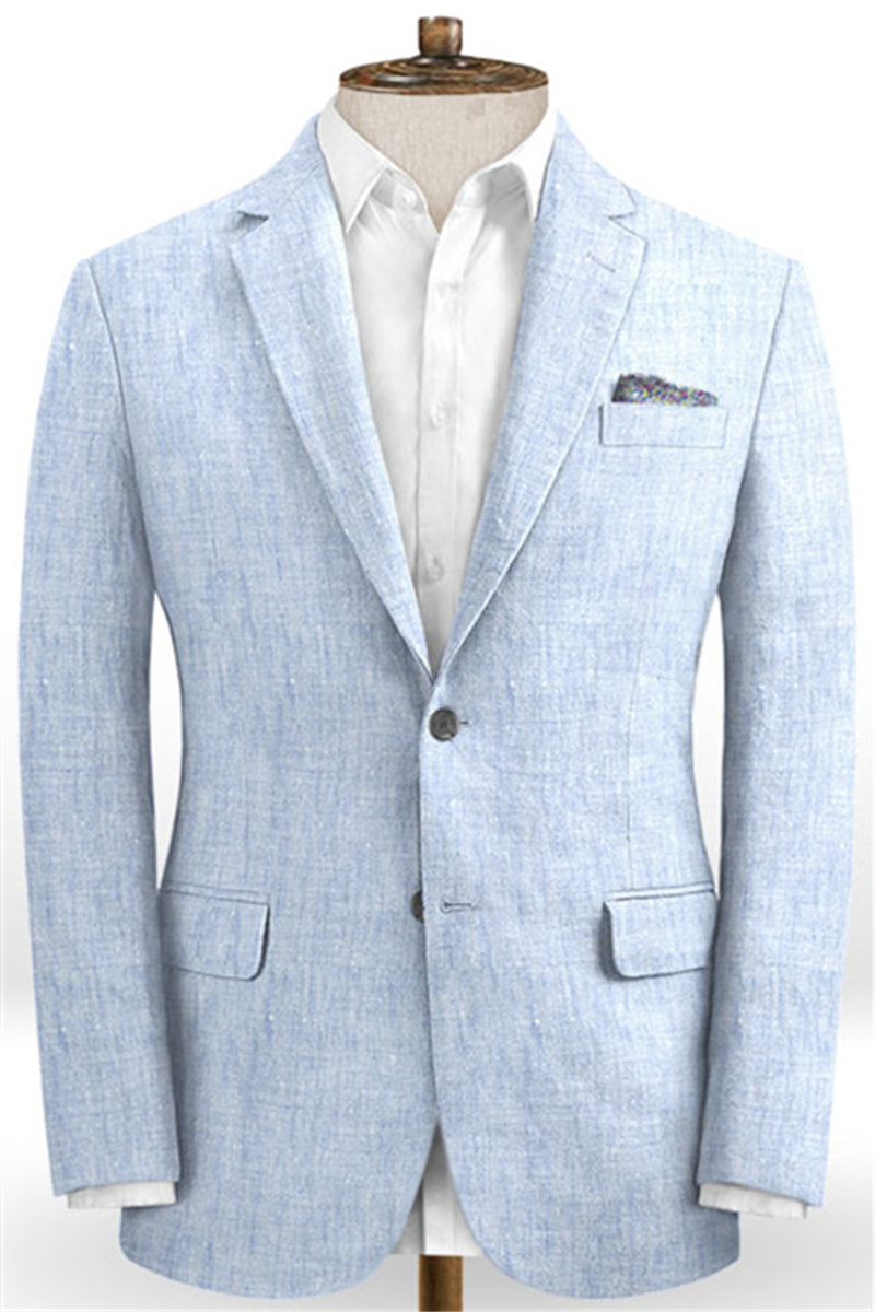 Sky Blue Cotton Linen Summer Wedding Suit Beach Suit Groom Tuxedo Blazer