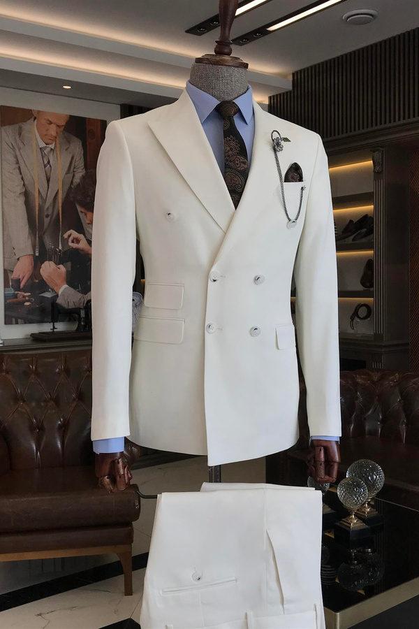 White Double-Breasted Lapel Collar Business Suit Two-Piece