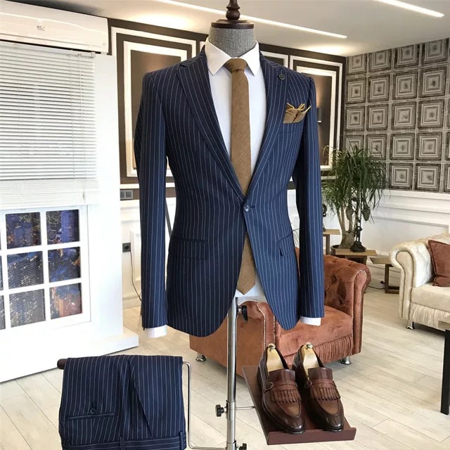 Modern Dark Blue Striped Notch Lapel One-Button Two-Piece Suit