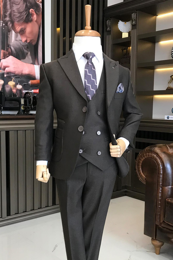 Boys' Double-Breasted Three-Piece Suit in Black with Slim Lapel Collar