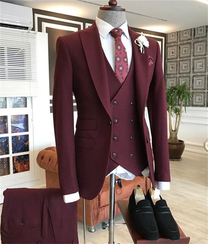 Maverick Burgundy Peaked Lapel Three Pieces Men Suit