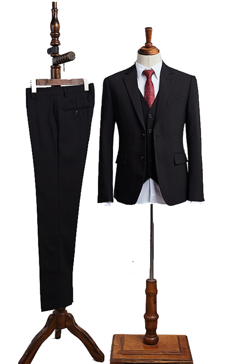 Carter Traditional All Black Three Piece Notched Lapel Slim Fit Custom Business Suit