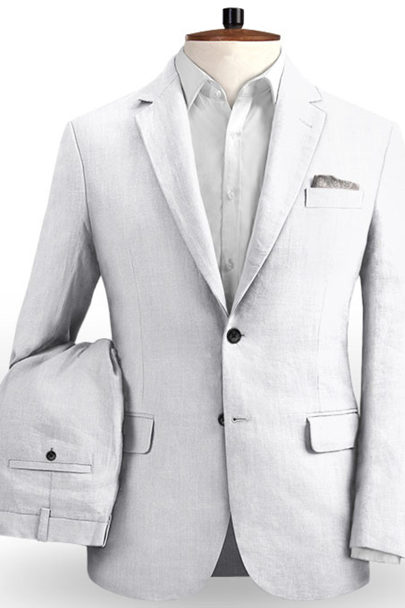 White Linen Beach Wedding Suit with Pants Fashion Groom Tuxedo Blazer