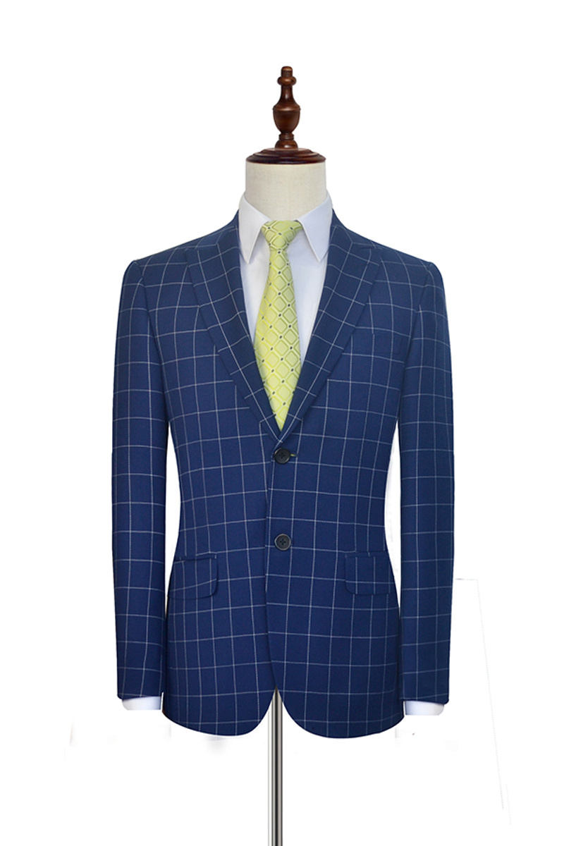 Flap Pocket Peak Lapel Grey Plaid Navy Blue Suit