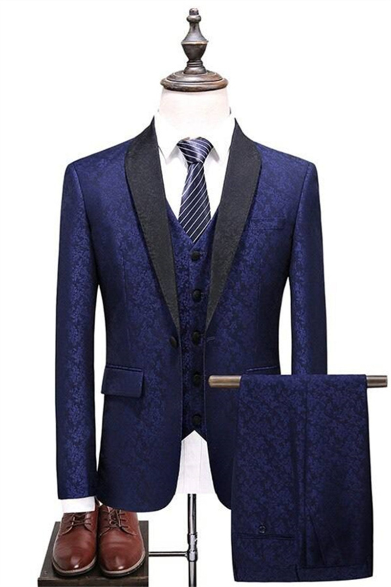 Navy Shawl Lapel Prom Suit Three Piece Business Tuxedo