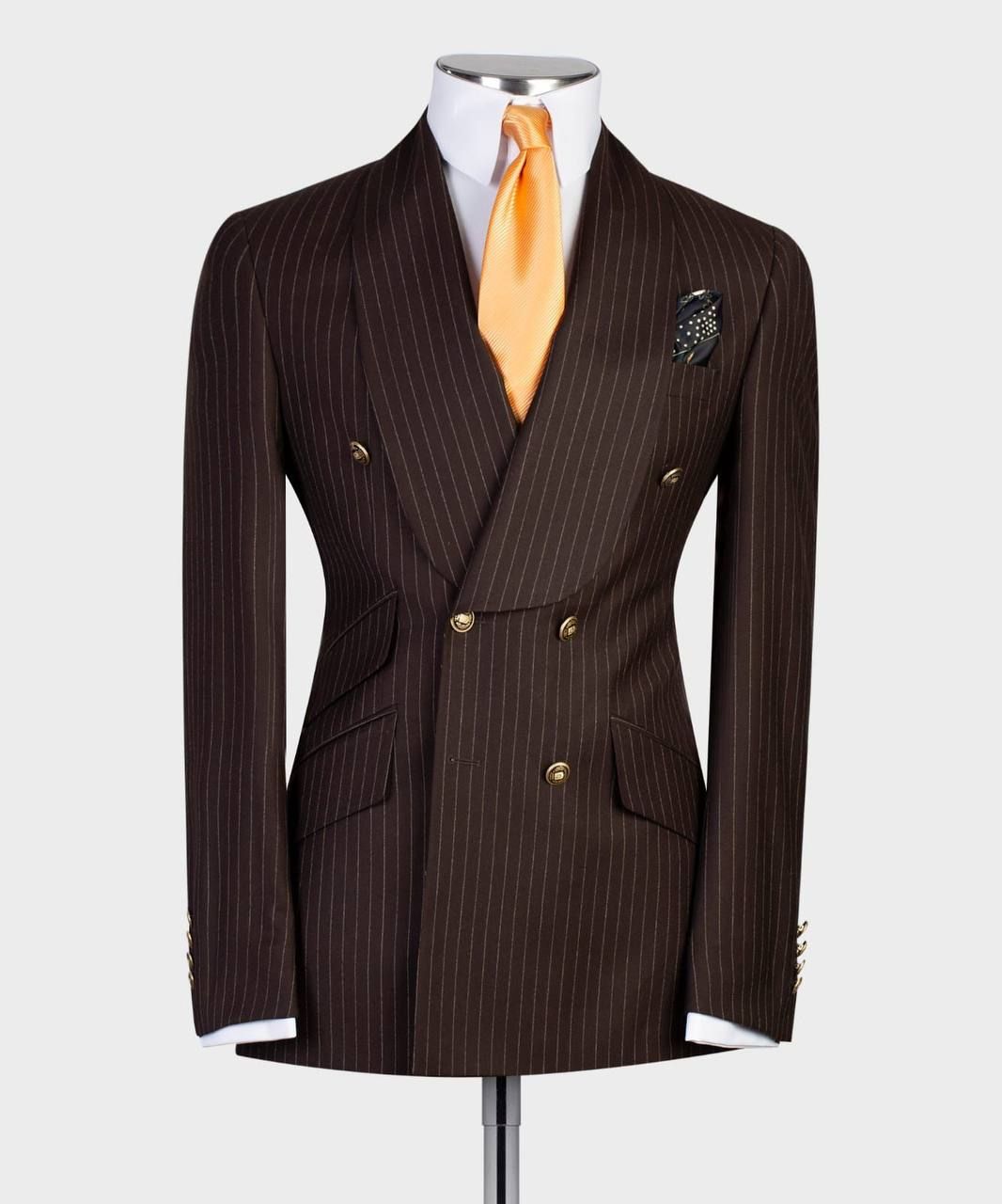 Chocolate Stripe Double-Breasted Shawl Lapel Two-Piece Suit