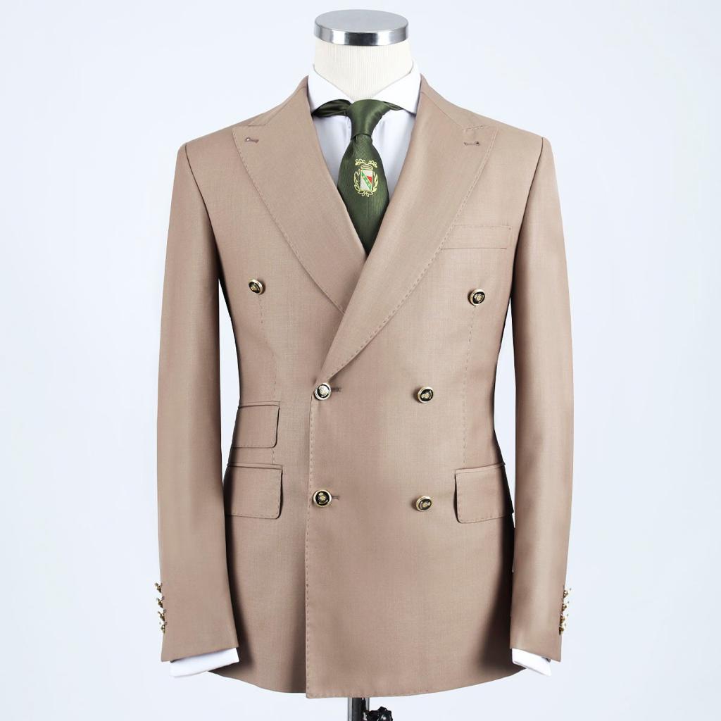 Khaki Double-Breasted Point Collar Business Suit