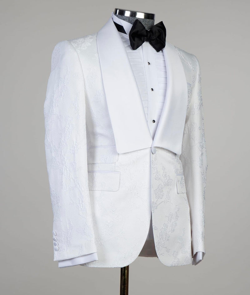 White Jacquard Shawl Lapel Three-Piece Wedding Suit