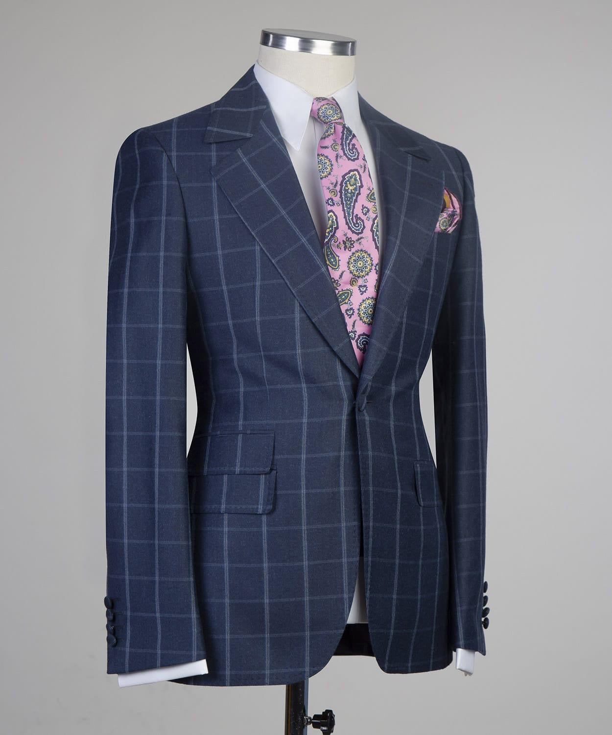 Stylish Navy Plaid Slim Fit Tailored Men Suit For Business