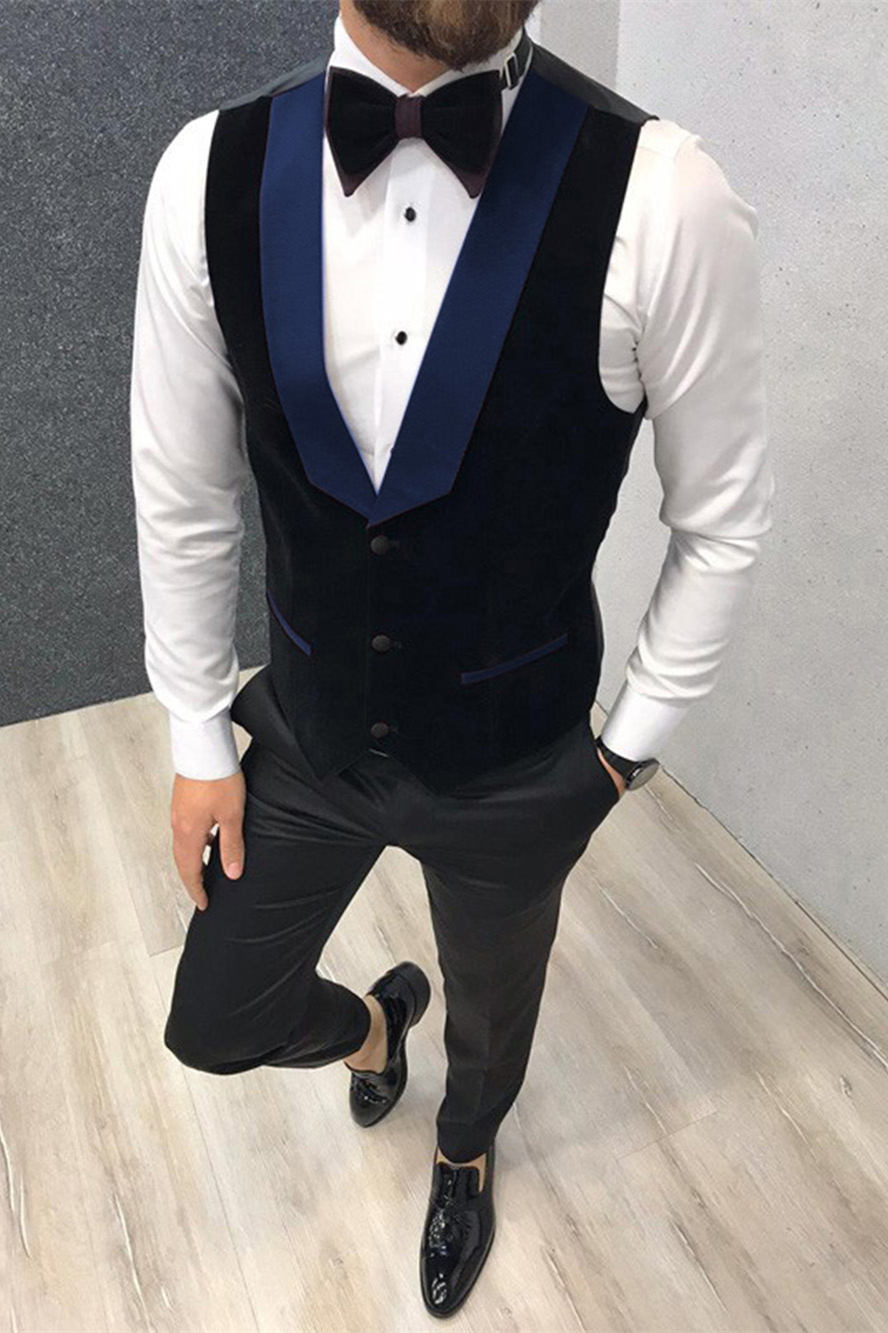 Three-Piece Black and Blue Peak Lapel Wedding Tuxedo with Vest