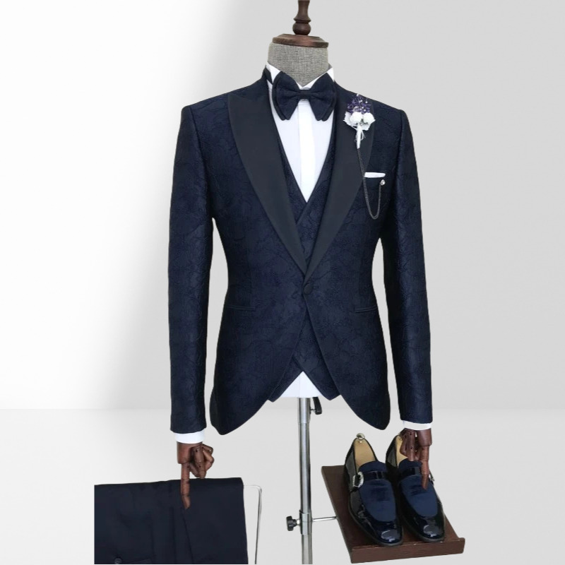 Dark Navy Jacquard Peak Lapel Three-Piece Wedding Suit