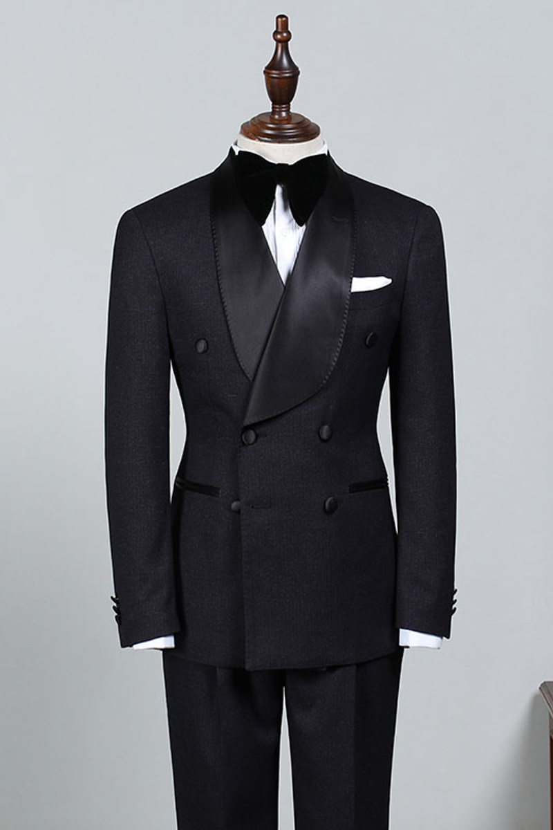 Salomon Classic All Black Double-Breasted Groom Wedding Suit