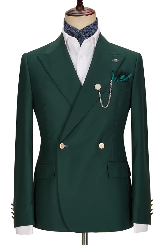 Fashion Dark Green Peak Lapel Double-Breasted Gold Buttons Prom Suit