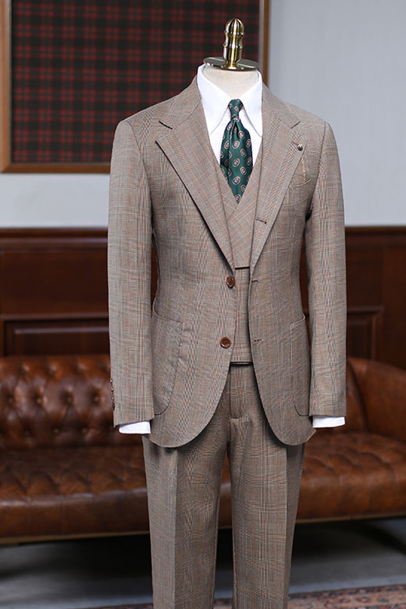 Atwood Handsome Light Khaki Check Three-Piece Custom Business Suit