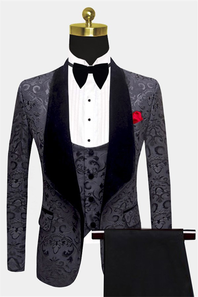 Three-Piece Black Jacquard Suit Unique Prom Dinner Suit