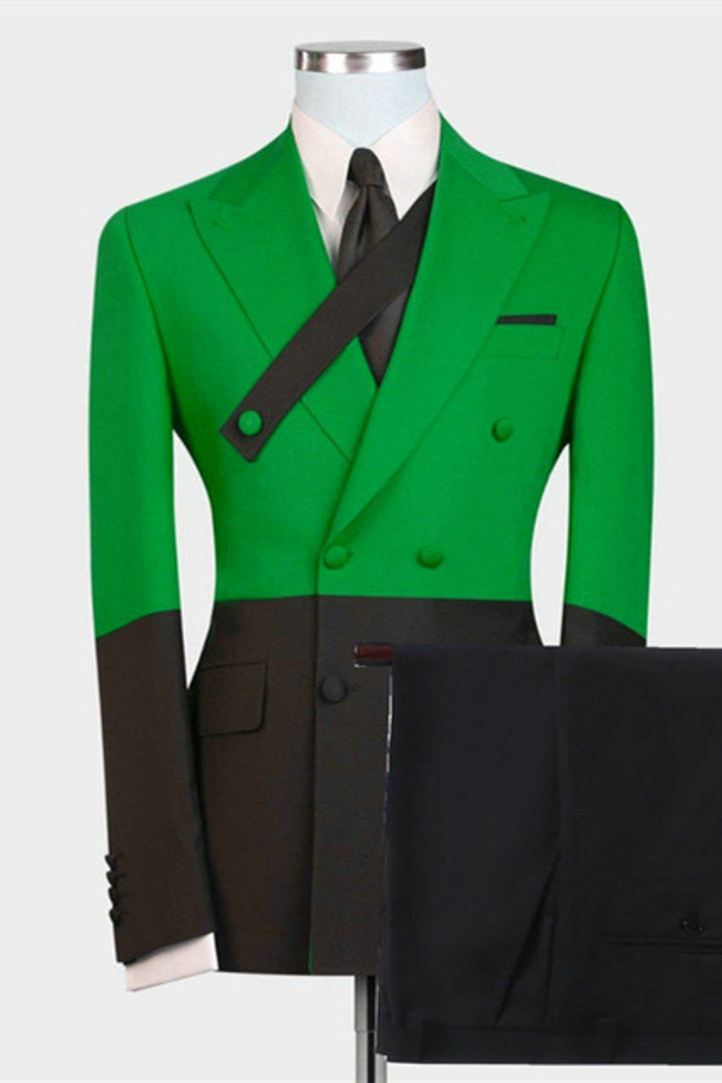 Ezekiel Green And Black Double Breasted Point Lapel Fashion Men Suit