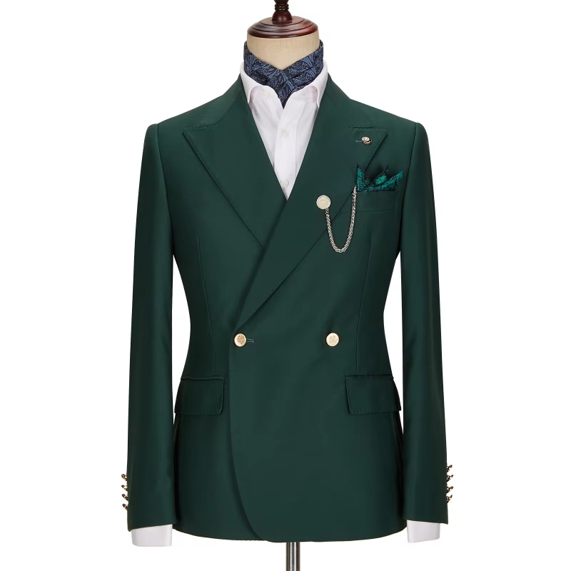 Fashion Dark Green Peak Lapel Double-Breasted Gold Buttons Prom Suit