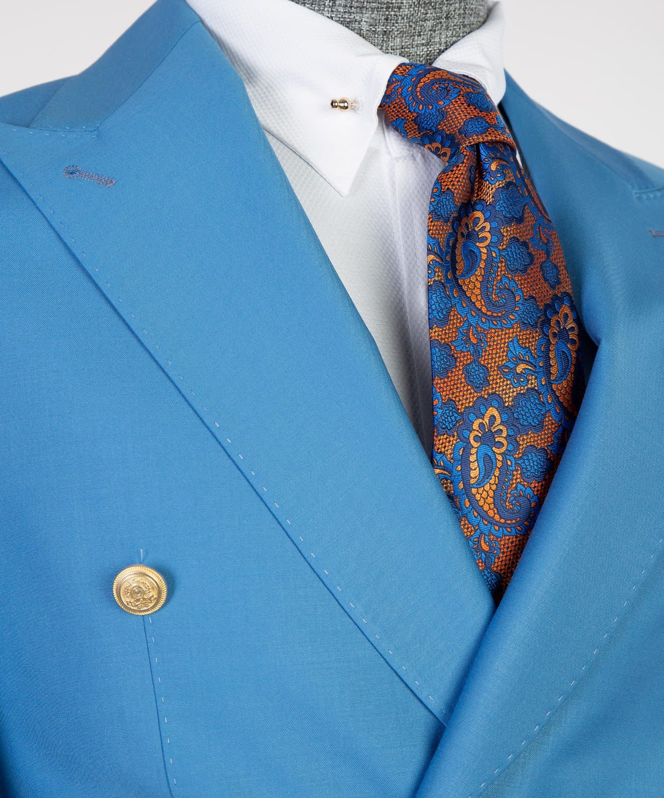 Modern Blue Double-Breasted Point Collar Business Suit
