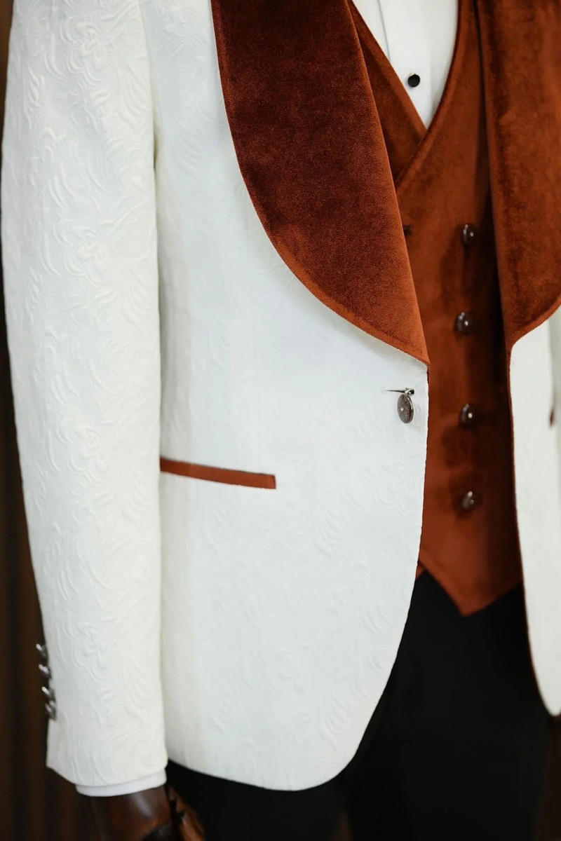 bella Orange Velvet Shawl Lapel Jacquard Slim Fit Three-Piece Tuxedo