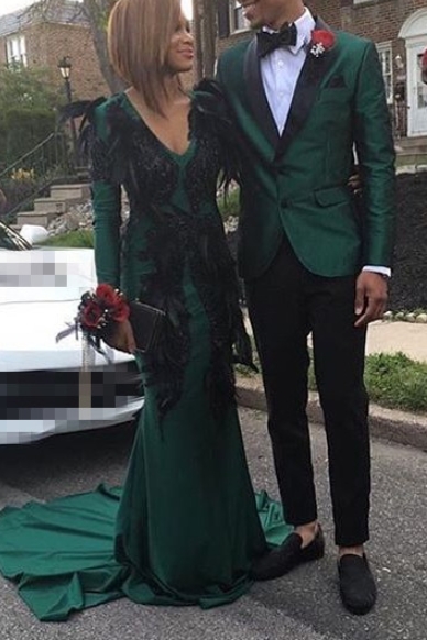 Dark Green Men Suits For Prom 2 Piece Black Satin Lapel Wedding Tuxedo