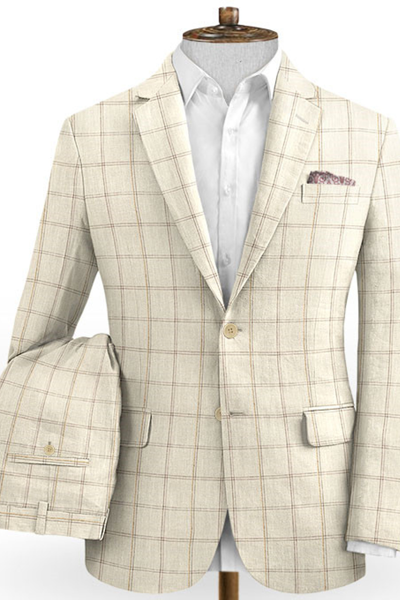 Light Champagne Check Linen Tuxedo Fashion Two-Piece Notched Lapel Suit