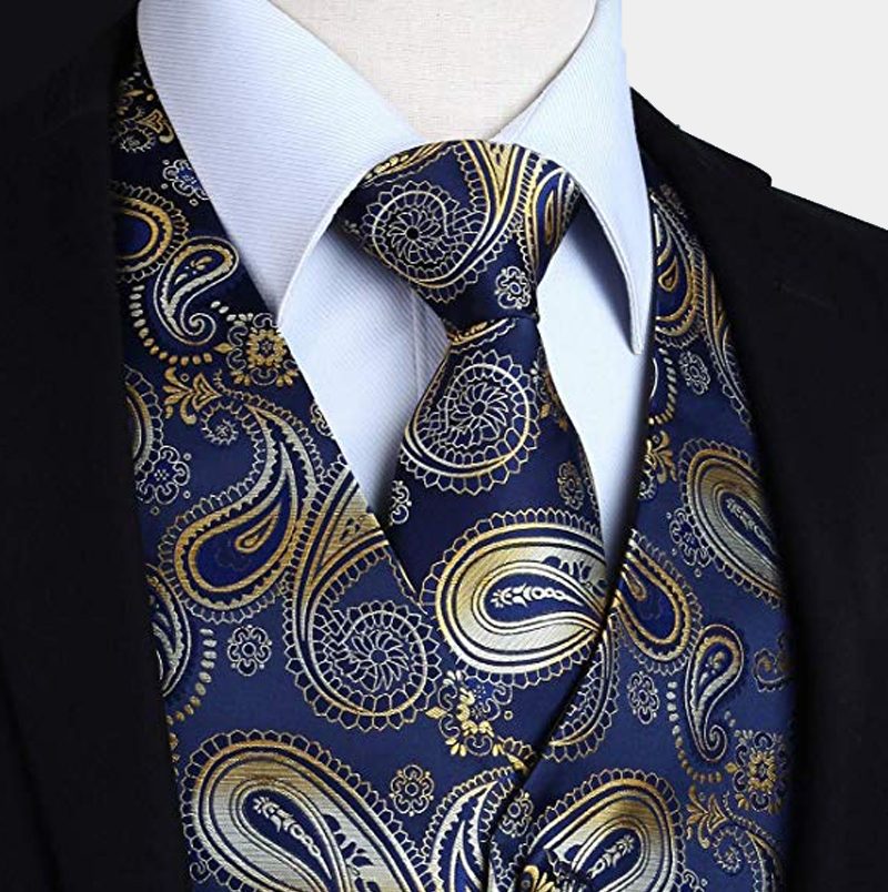 Navy Blue And Gold Paisley Prom Men Suits Vest Set