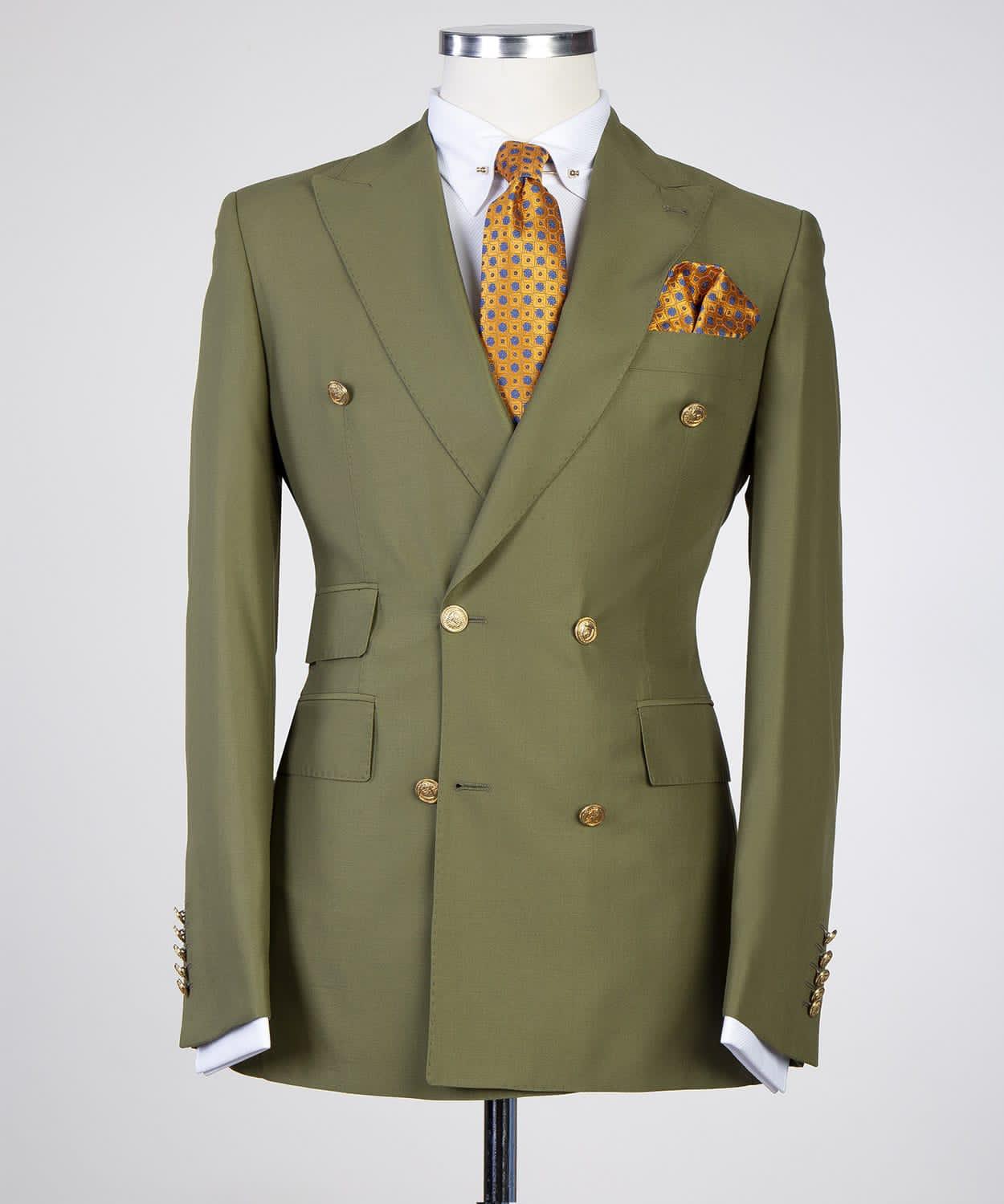 Olive Green Pointed Lapels Double Breasted Prom Men Suits