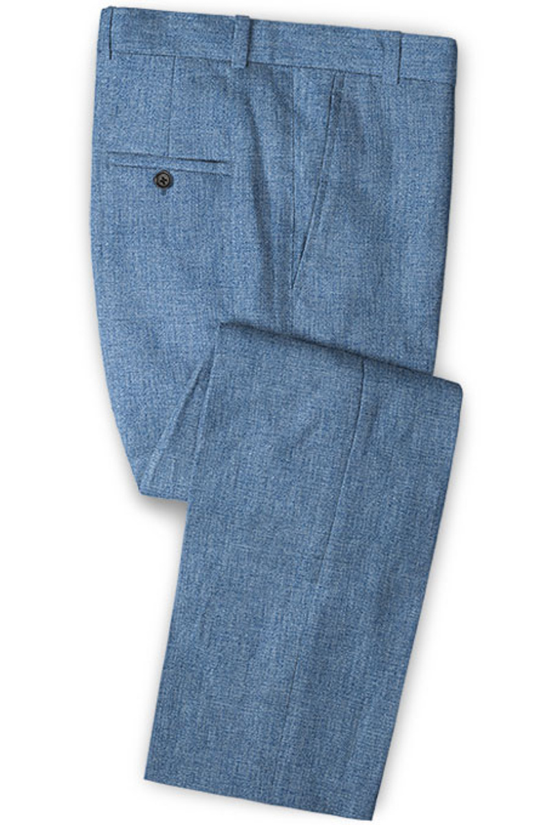 Fashion Blue Linen Wedding Suit Beach Slim Groom Tuxedos