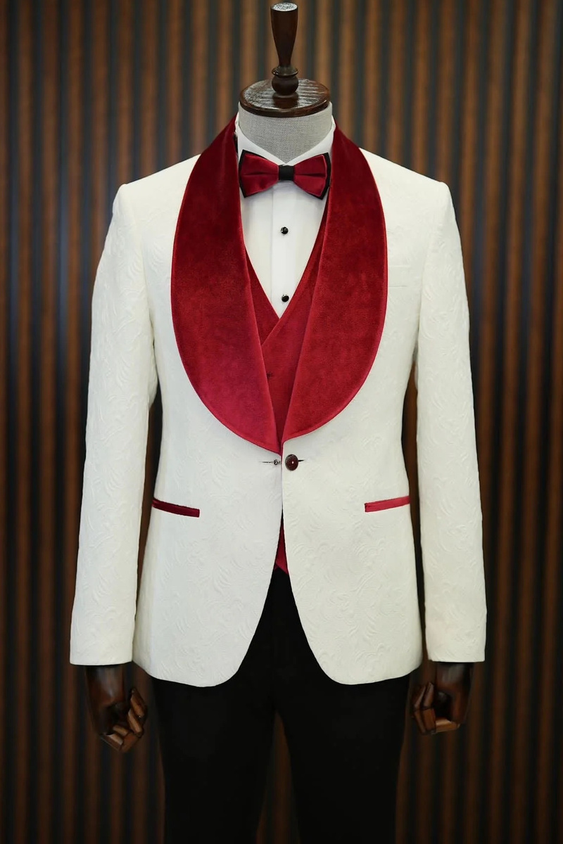 bella Red Velvet Shawl Lapel Jacquard Slim Fit Three-Piece Tuxedo