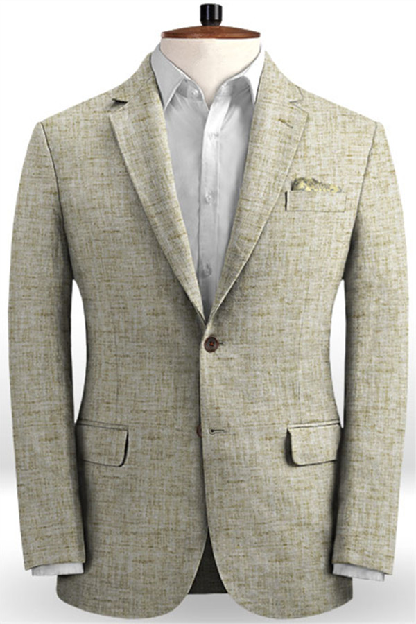 Summer Khaki Linen Wedding Suit Casual Groom Groomsmen Blazer Tuxedo