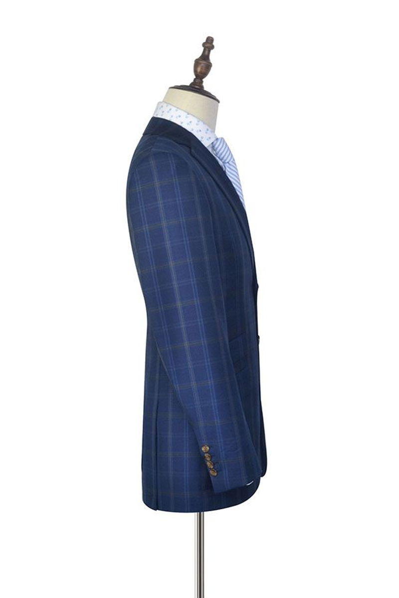Plaid Blue Suit Notched Lapel Flap Pocket Business Suit