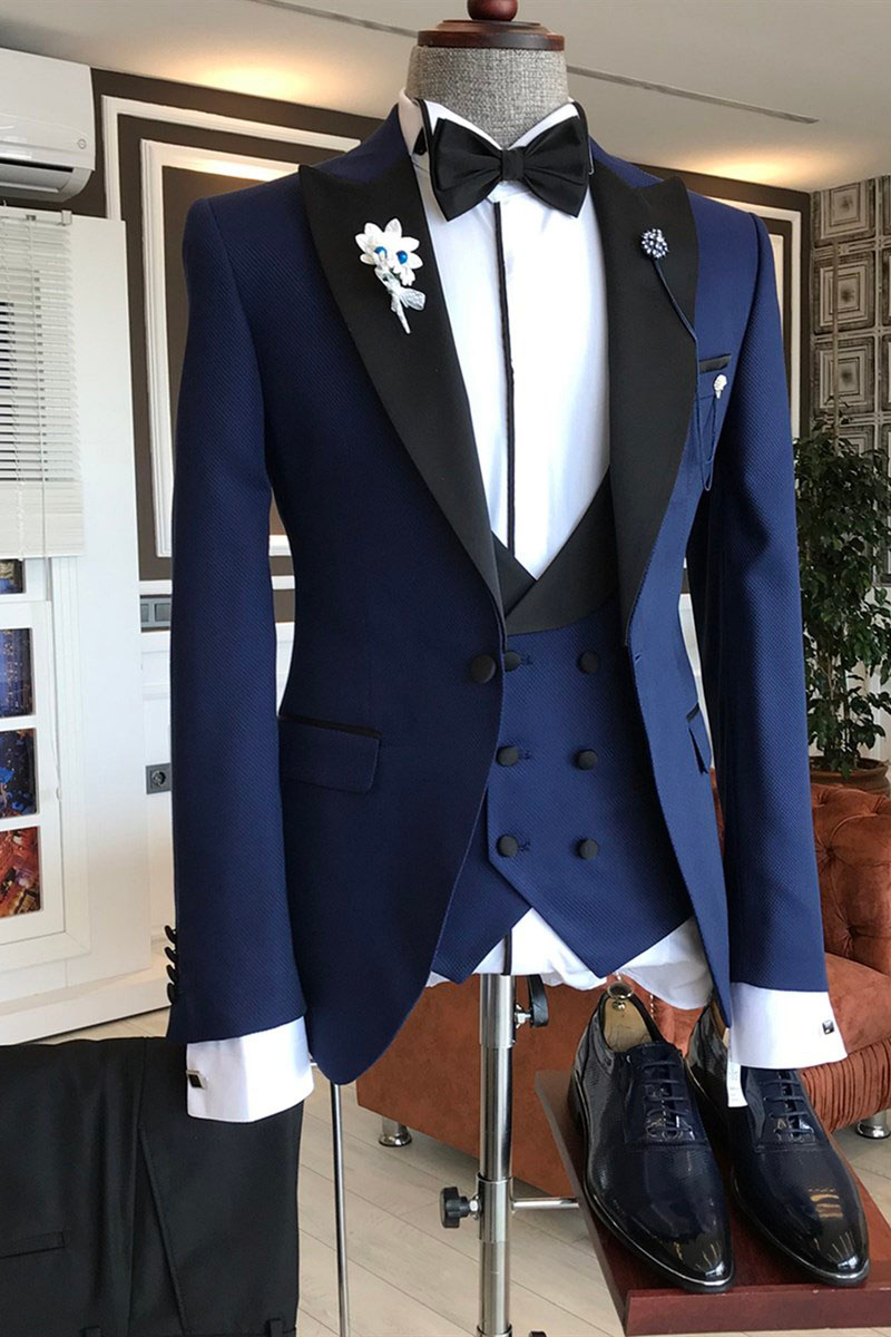 King Modern Royal Blue Three-Piece Black Point Lapel Double-Breasted Vest Suit