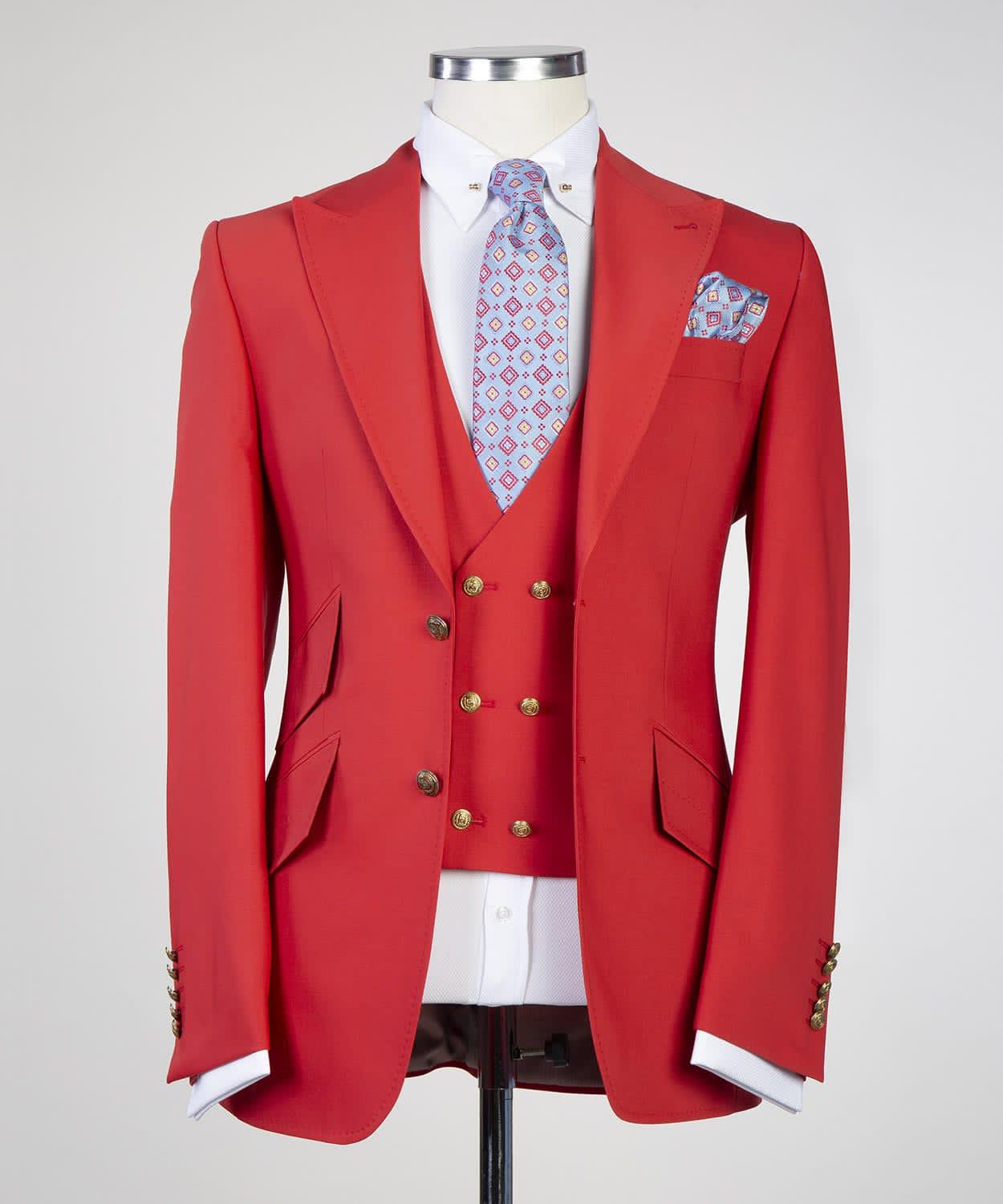 New Red Pointed Collar Three Piece Fashion Prom Suits