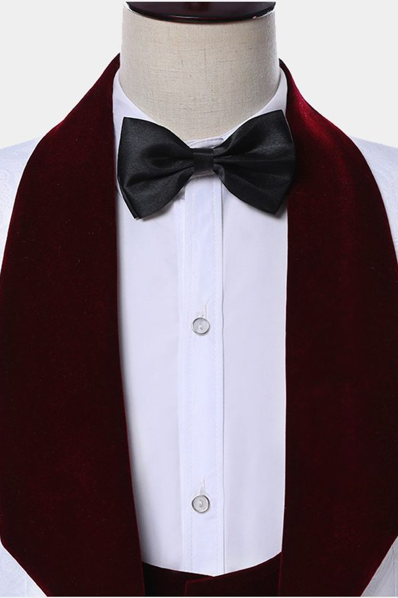 Burgundy Lapel White Jacquard Suit Floral Tuxedo