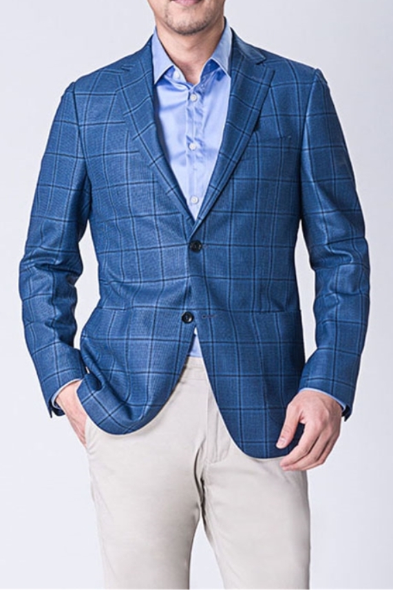 Elegant Point Collar Check Blazer Blue Check Fitted Jacket
