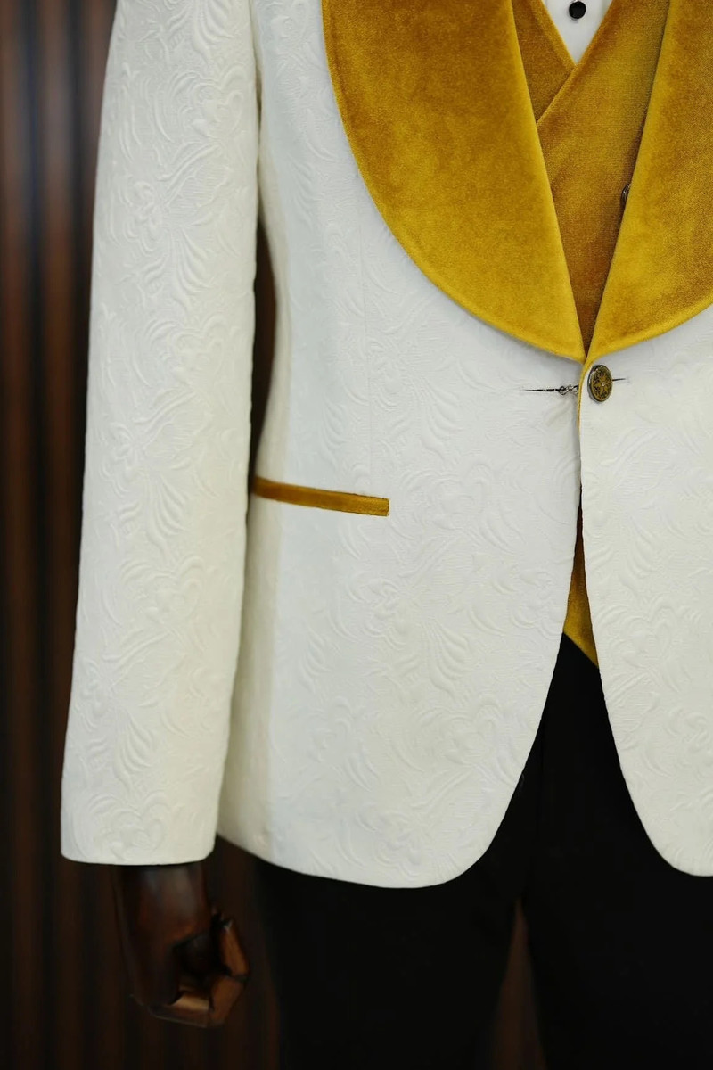 bella Yellow Velvet Shawl Lapel Jacquard Slim Fit Three-Piece Tuxedo