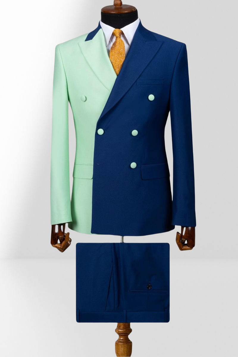 Mint Green and Dark Blue Double-Breasted Slim Fit Two-Piece Suit