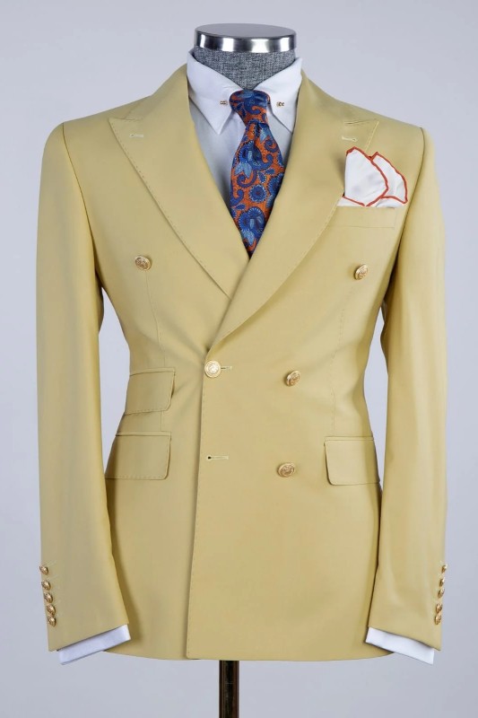 Trendy Champagne Double Breasted Prom Suit With Pointed Lapels