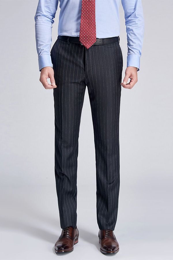 Men Gentleman Light Grey Striped Straight Dark Grey Suit Pants