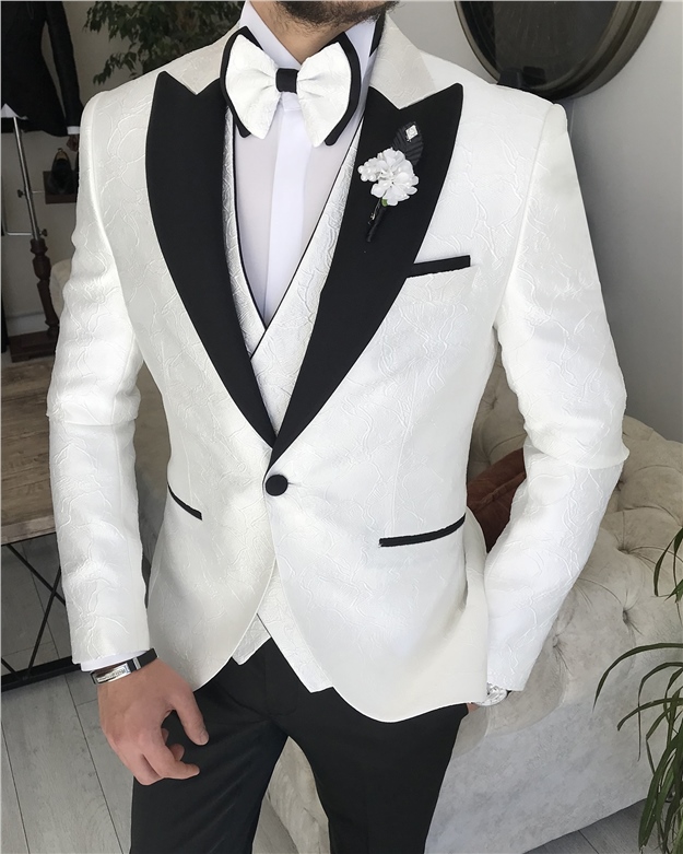 White Lapel Collar Jacquard Three-Piece Groom Suit