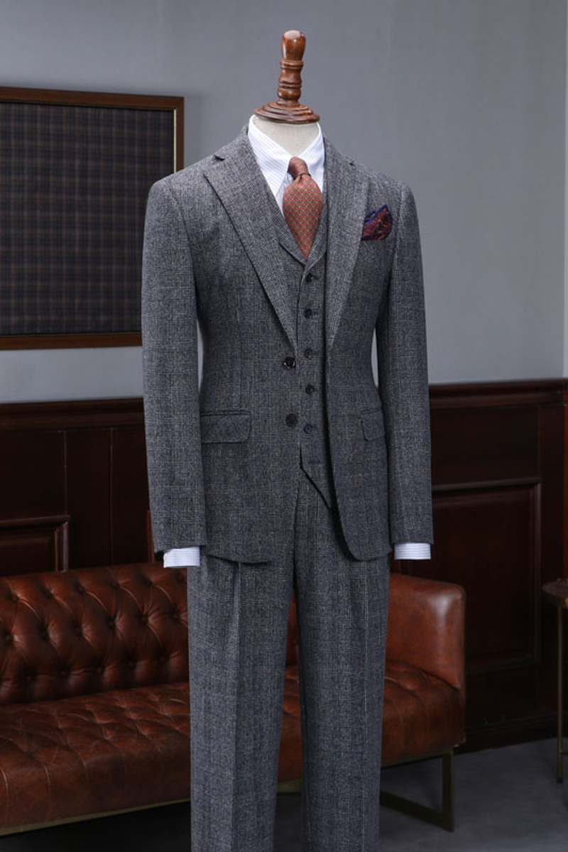 Alvin Fashion Dark Grey Plaid Three Piece Business Suit