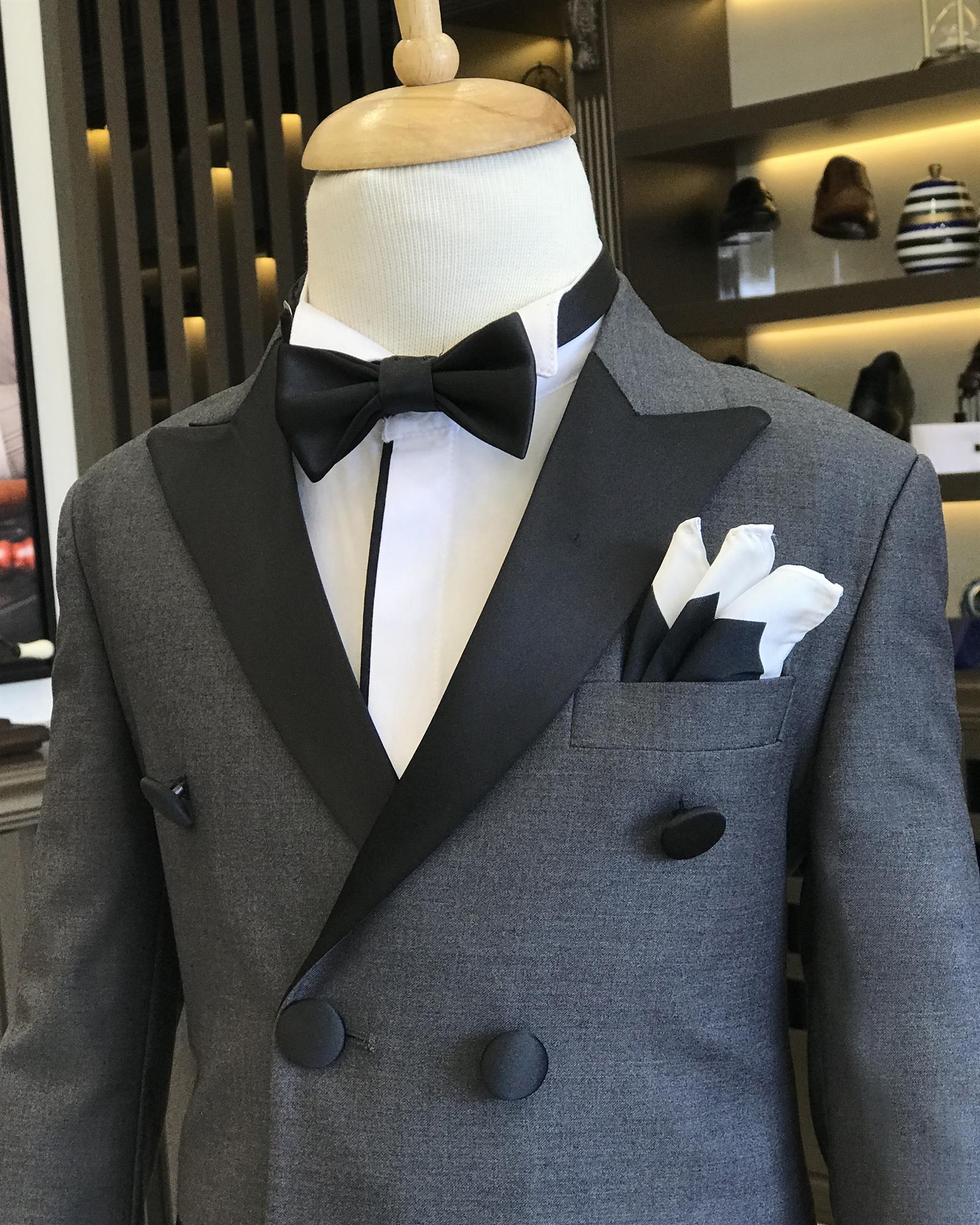 Dark Gray Slim Fit Double-Breasted Boys' Tuxedo Suit