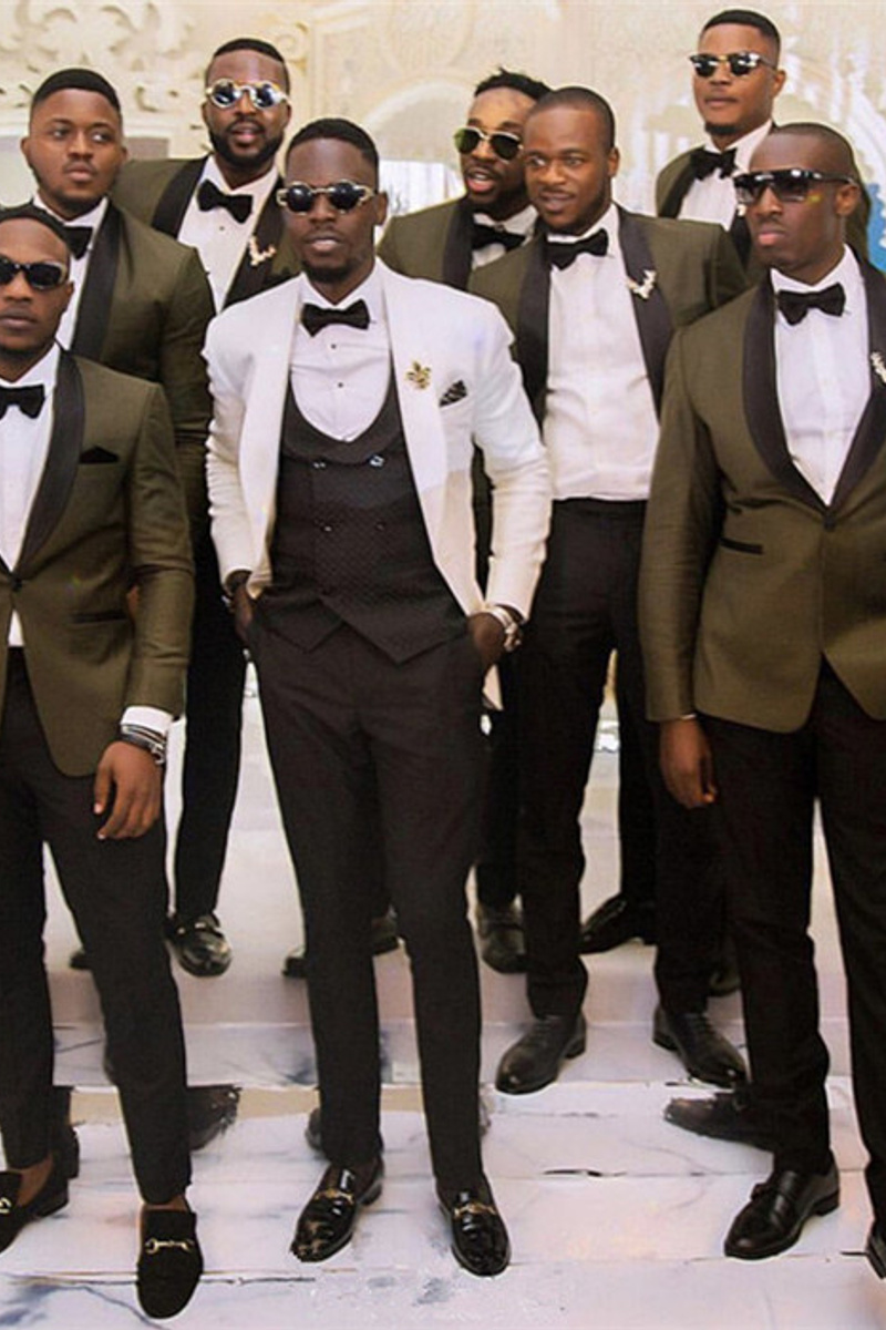 Olive Green One Button Slim Shawl Lapel Wedding Groomsmen Suit